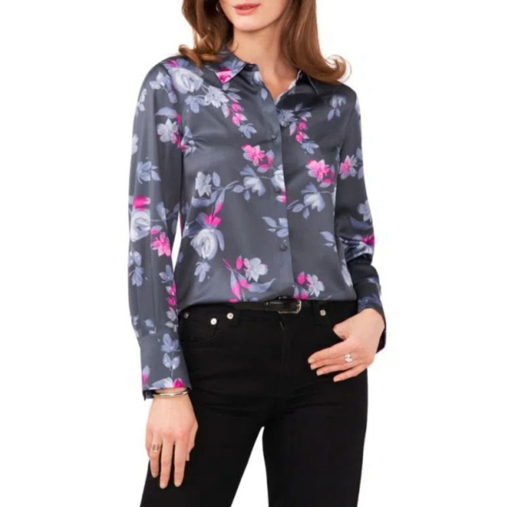 Vince Camuto Floral Charmeuse Button Up Blouse in Steel Berry Pink